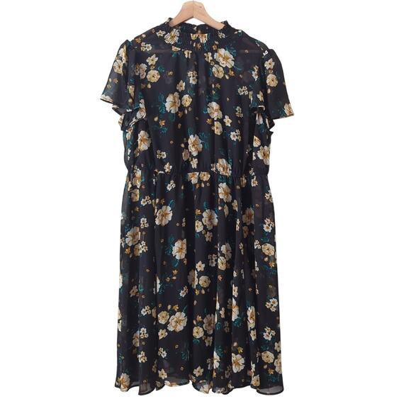 Torrid Womens Dress Plus 1 1X Midi Flutter Sleeve Chiffon Smocked Floral Black - Picture 3 of 7